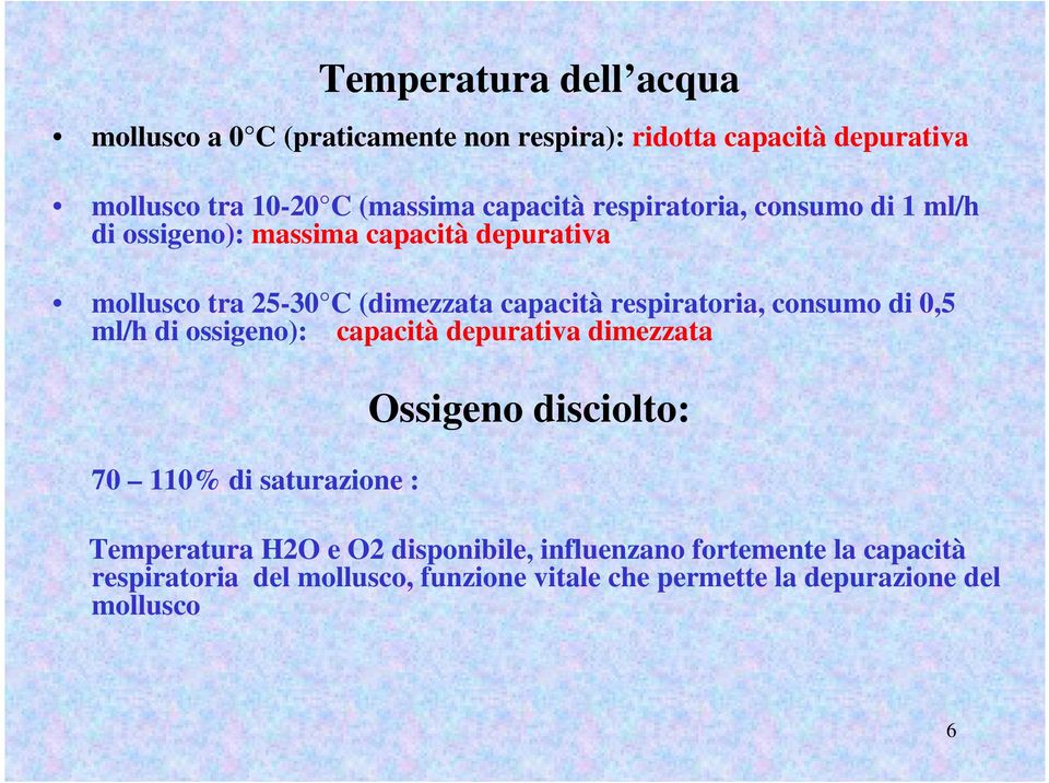 respiratoria, consumo di 0,5 ml/h di ossigeno): capacità depurativa dimezzata 70 110% di saturazione : Ossigeno disciolto: