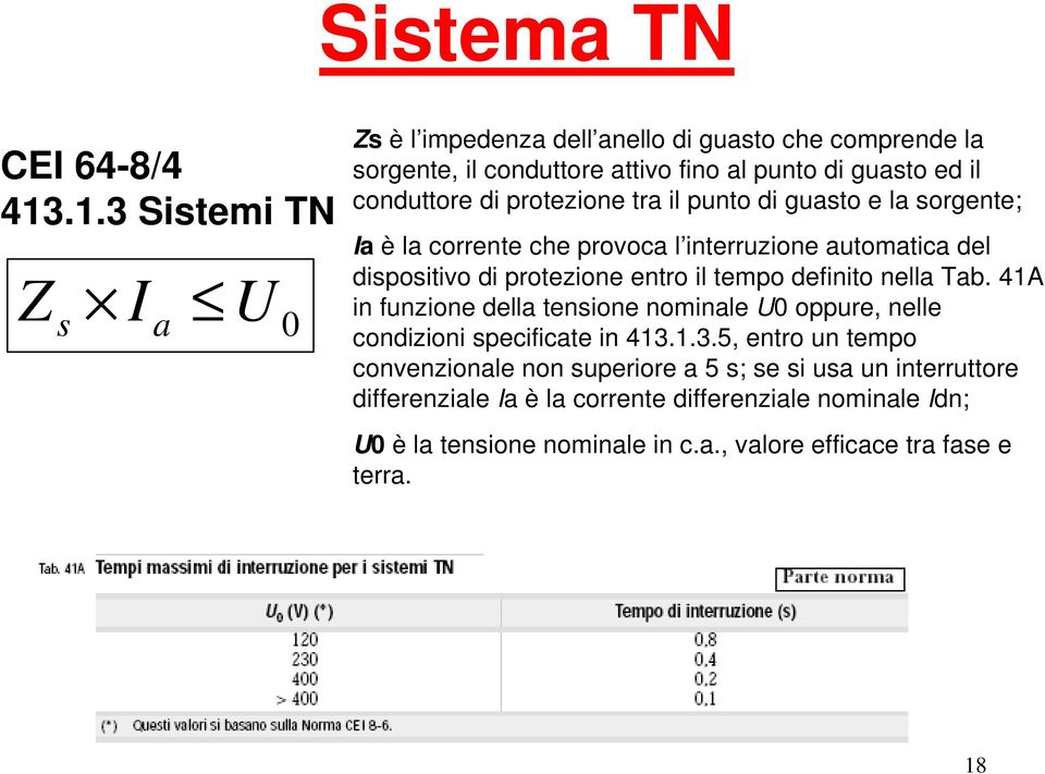 protezione tra il punto di guasto e la sorgente; Ia è la corrente che provoca l interruzione automatica del dispositivo di protezione entro il tempo definito nella