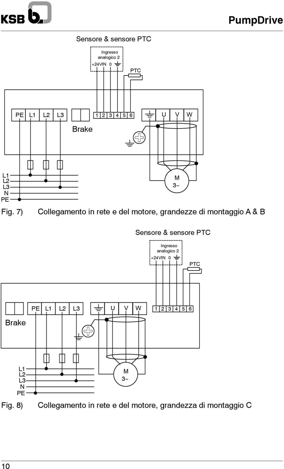 7) Collegamento in rete e del motore, grandezze di montaggio A & B M 3~ Sensore & sensore