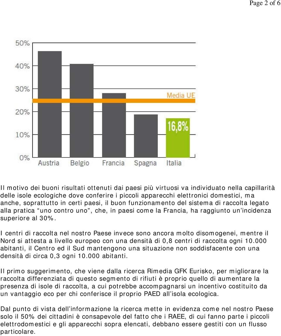 I centri di raccolta nel nostro Paese invece sono ancora molto disomogenei, mentre il Nord si attesta a livello europeo con una densità di 0,8 centri di raccolta ogni 10.