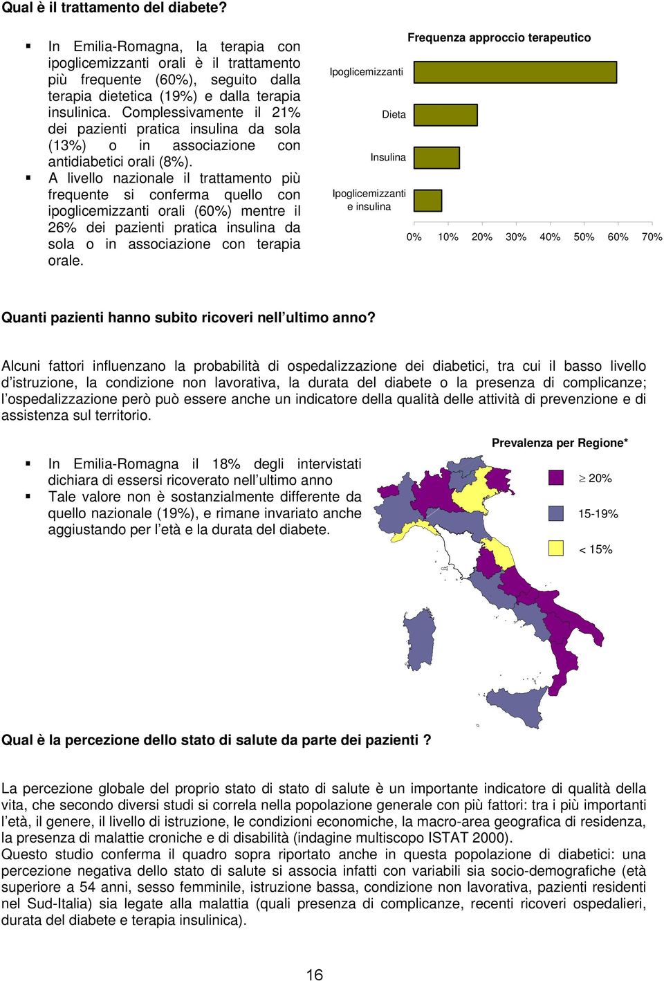 A livello nazionale il trattamento più frequente si conferma quello con ipoglicemizzanti orali (60%) mentre il 26% dei pazienti pratica insulina da sola o in associazione con terapia orale.