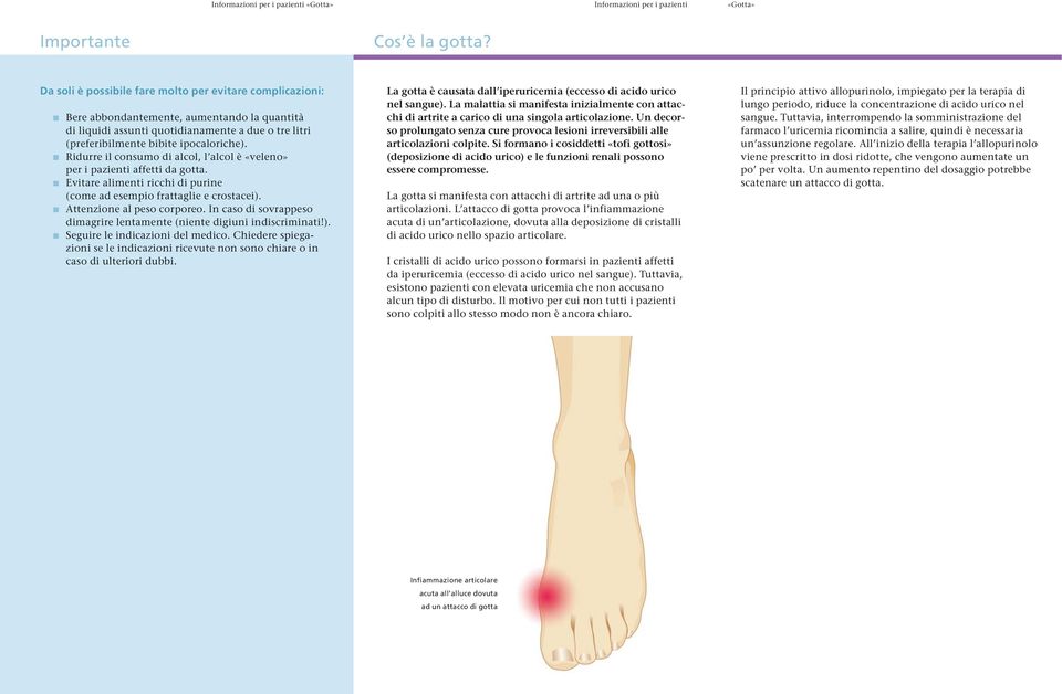 Ridurre il consumo di alcol, l alcol è «veleno» per i pazienti affetti da gotta. Evitare alimenti ricchi di purine (come ad esempio frattaglie e crostacei). Attenzione al peso corporeo.