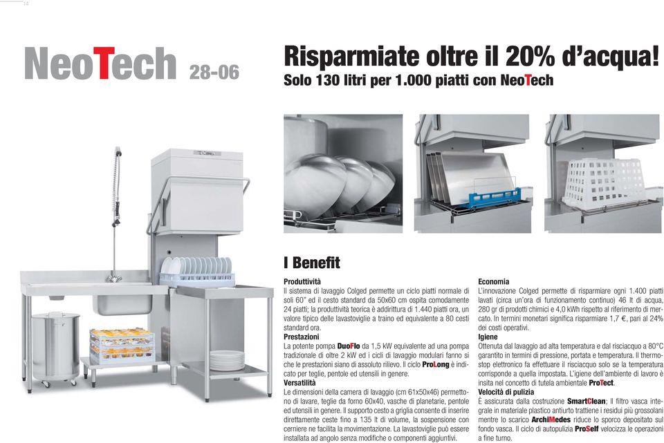 teorica è addirittura di 1.440 piatti ora, un valore tipico delle lavastoviglie a traino ed equivalente a 80 cesti standard ora.