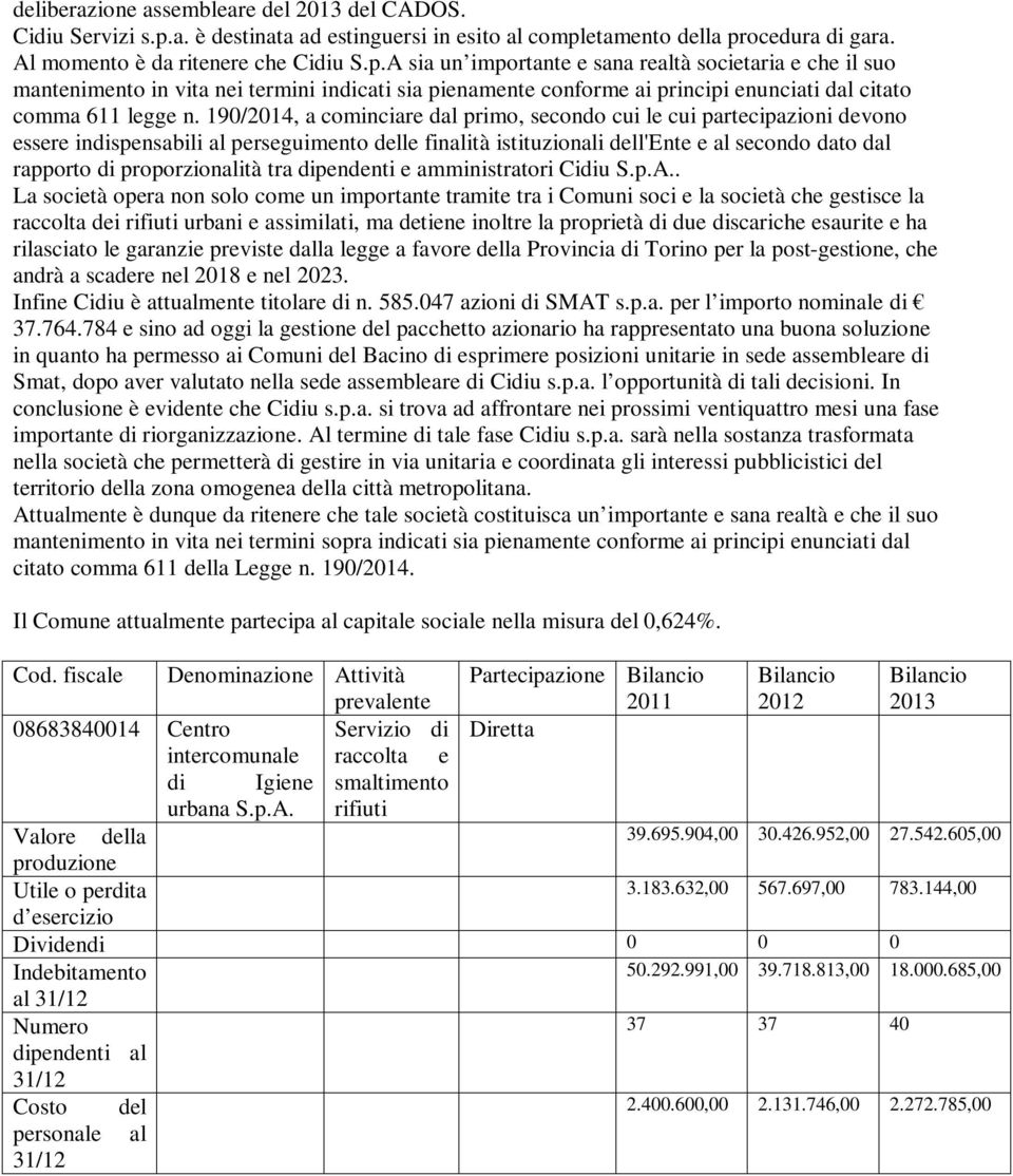 etamento della procedura di gara. Al momento è da ritenere che Cidiu S.p.A sia un importante e sana realtà societaria e che il suo mantenimento in vita nei termini indicati sia pienamente conforme ai principi enunciati dal citato comma 611 legge n.