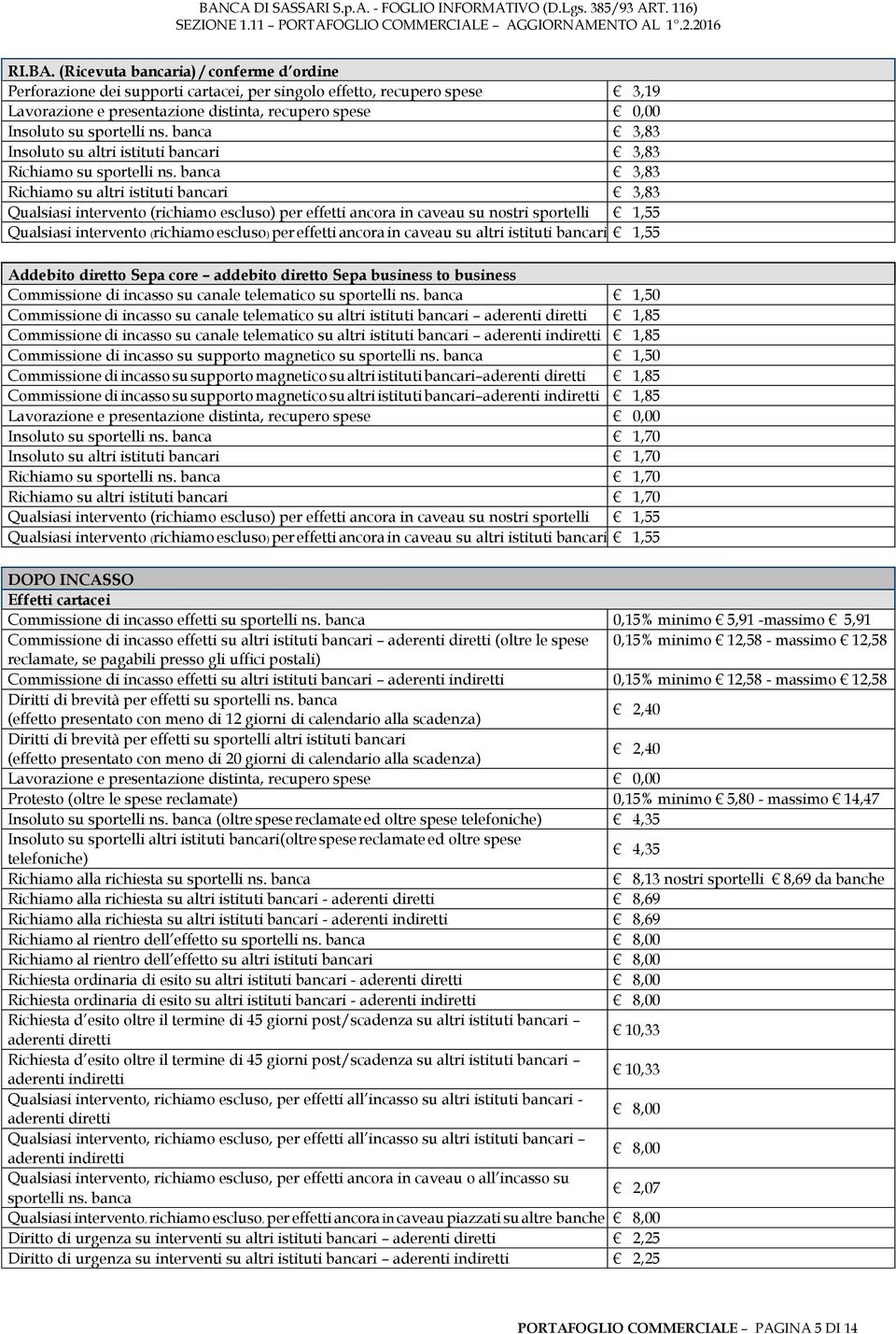 banca 3,83 Richiamo su altri istituti bancari 3,83 Qualsiasi intervento (richiamo escluso) per effetti ancora in caveau su nostri sportelli 1,55 Qualsiasi intervento (richiamo escluso) per effetti