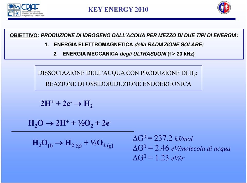 ENERGIA MECCANICA degli ULTRASUONI (f > 20 khz) DISSOCIAZIONE DELL ACQUA CON PRODUZIONE DI H 2 :