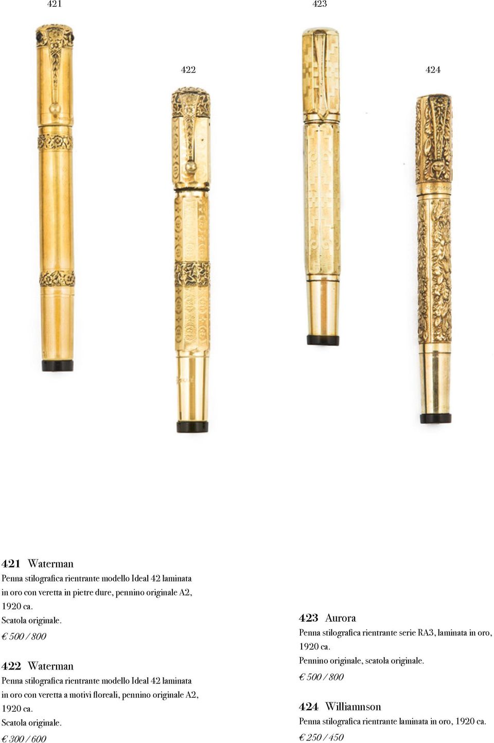 500 / 800 422 Waterman Penna stilografica rientrante modello Ideal 42 laminata in oro con veretta a motivi floreali, pennino originale 