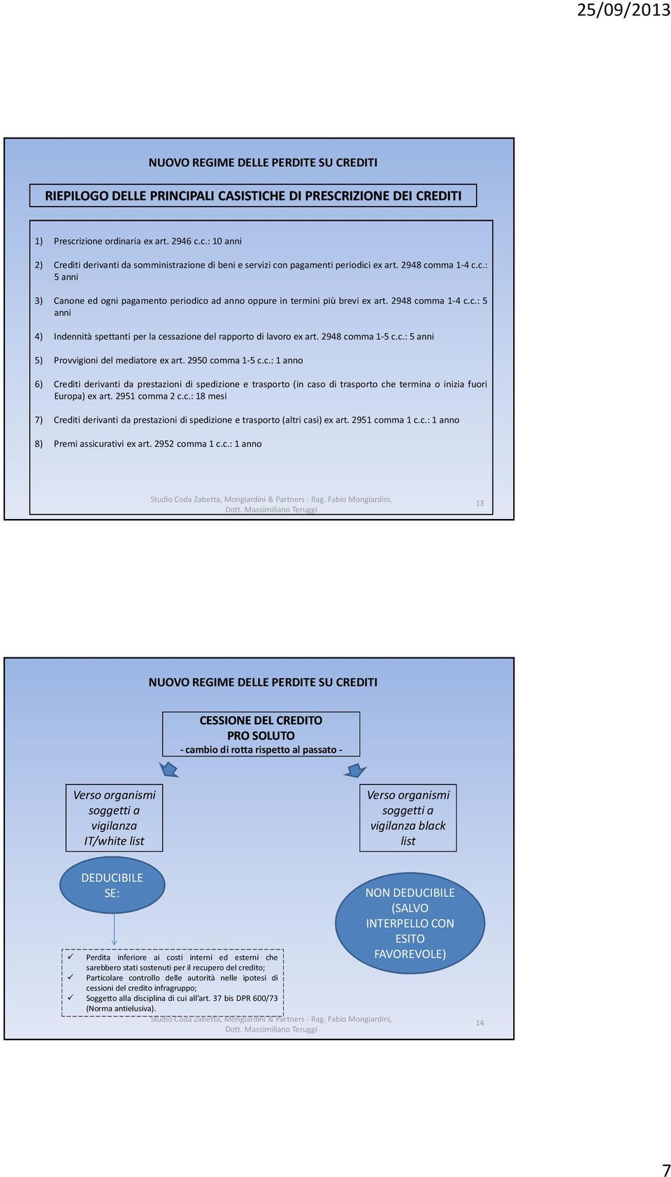 2948 comma 1-5 c.c.: 5 anni 5) Provvigioni del mediatore ex art. 2950 comma 1-5 c.c.: 1 anno 6) Crediti derivanti da prestazioni di spedizione e trasporto (in caso di trasporto che termina o inizia fuori Europa)exart.