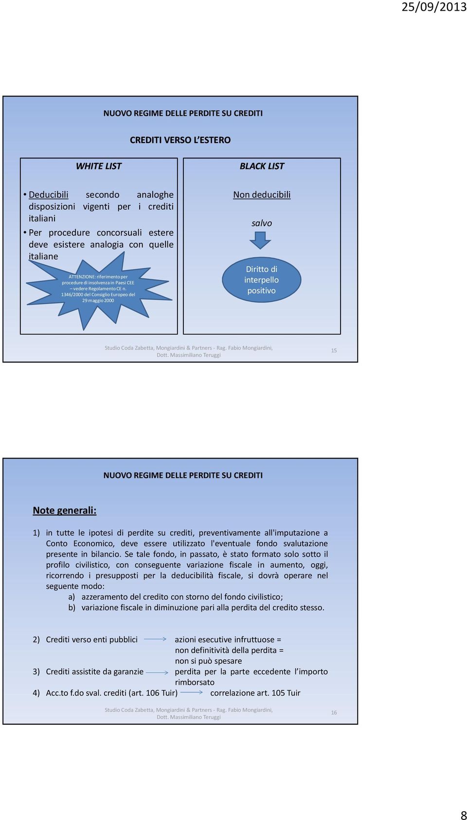 1346/2000 del Consiglio Europeo del 29 maggio 2000 BLACK LIST Non deducibili salvo Diritto di interpello positivo 15 Note generali: 1) in tutte le ipotesi di perdite su crediti, preventivamente