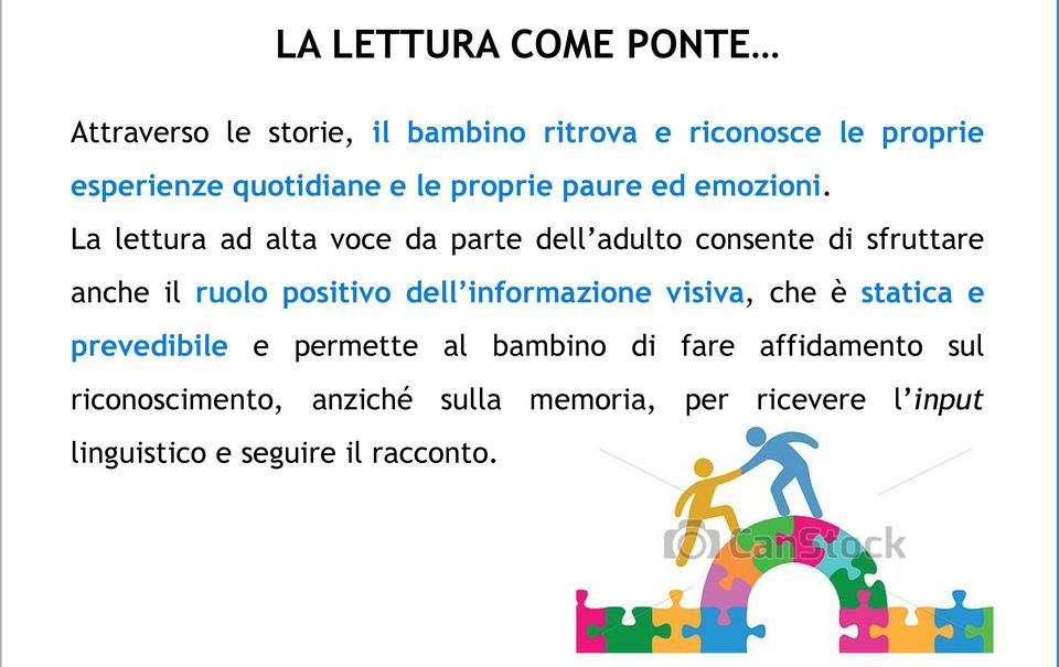 La lettura ad alta voce da parte dell adulto consente di sfruttare anche il ruolo positivo dell