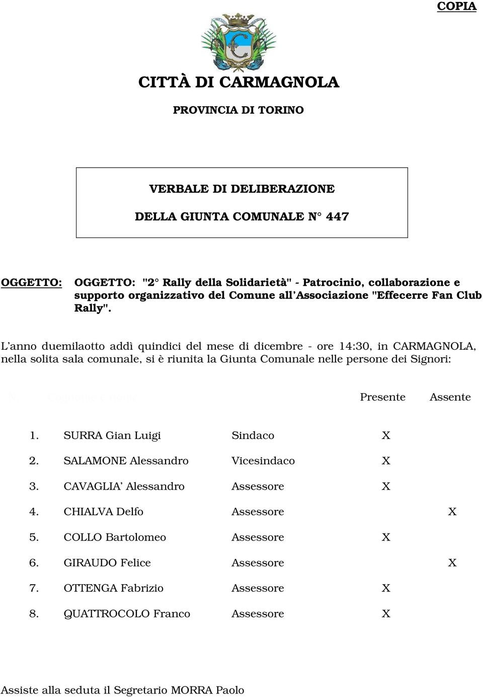 L anno duemilaotto addì quindici del mese di dicembre - ore 14:30, in CARMAGNOLA, nella solita sala comunale, si è riunita la Giunta Comunale nelle persone dei Signori: N.