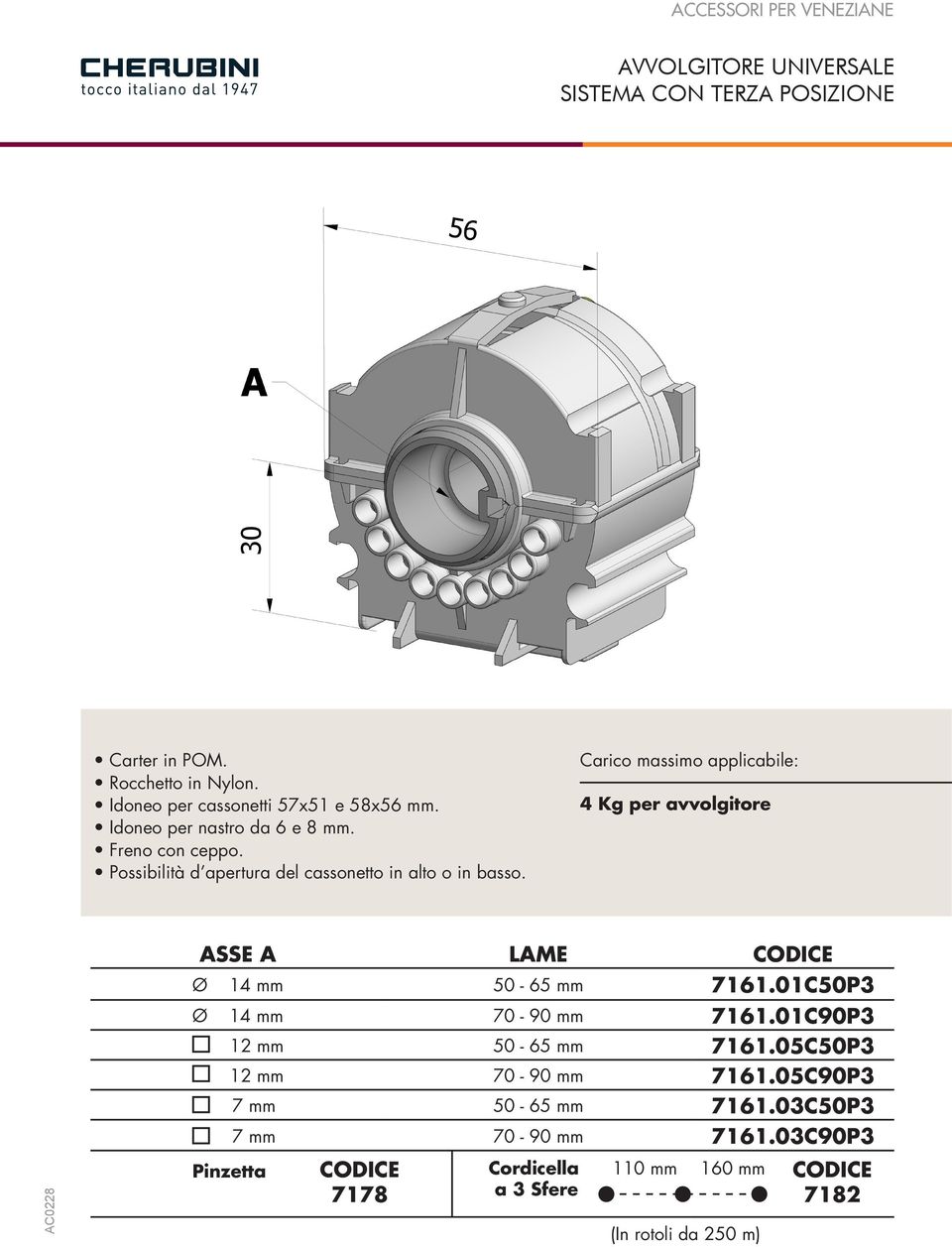 Carico massimo applicabile: 4 Kg per avvolgitore ASSE A LAME CODICE Ø 14 mm 50-65 mm 7161.01C50P3 Ø 14 mm 70-90 mm 7161.
