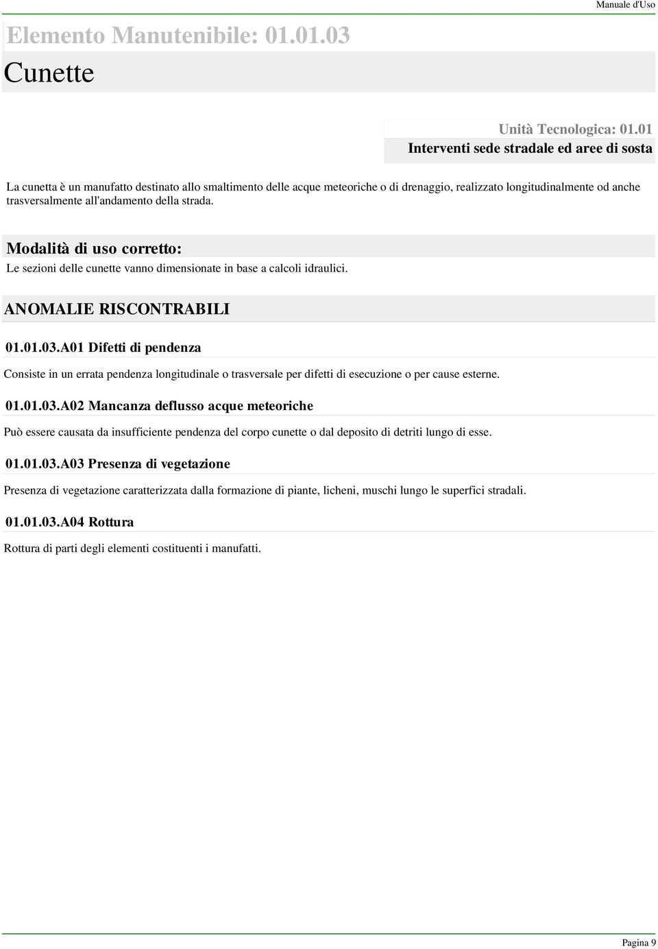 all'andamento della strada. Modalità di uso corretto: Le sezioni delle cunette vanno dimensionate in base a calcoli idraulici. ANOMALIE RISCONTRABILI 01.01.03.