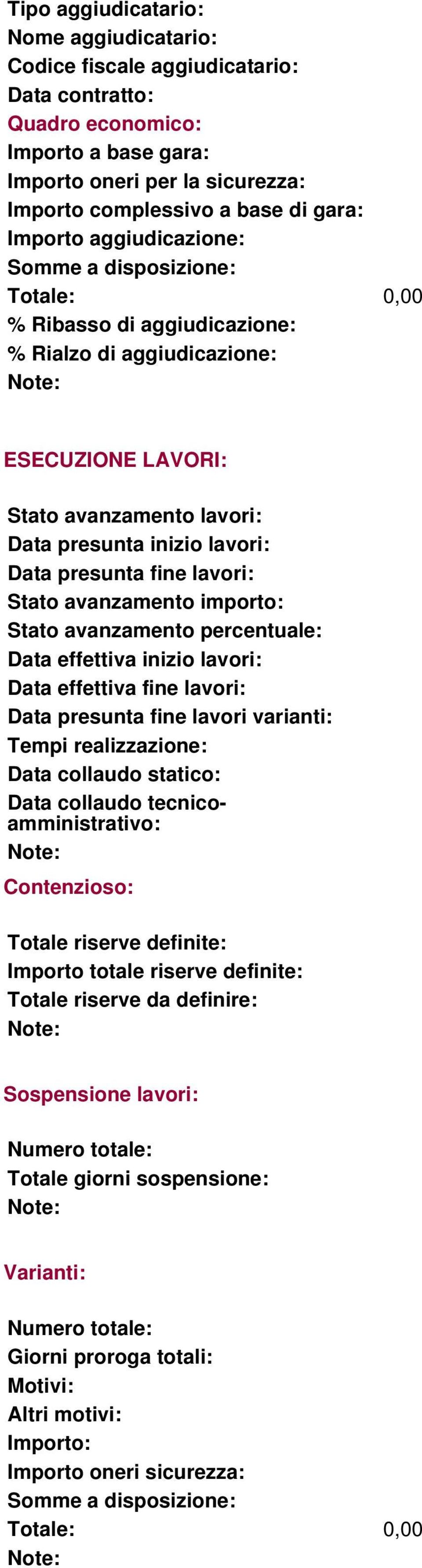 presunta fine lavori: Stato avanzamento importo: Stato avanzamento percentuale: Data effettiva inizio lavori: Data effettiva fine lavori: Data presunta fine lavori varianti: Tempi realizzazione: Data