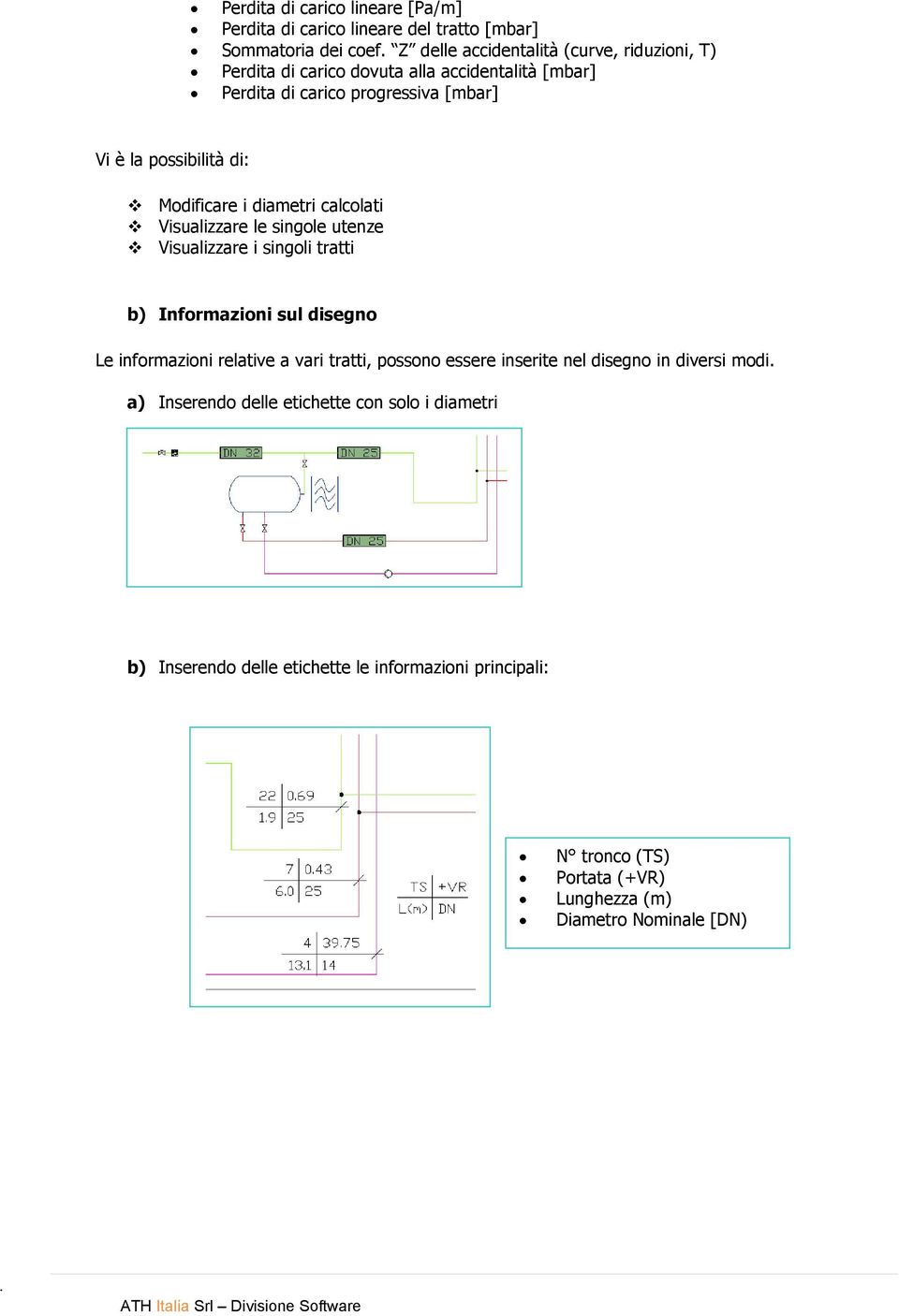 Modificare i diametri calcolati Visualizzare le singole utenze Visualizzare i singoli tratti b) Informazioni sul disegno Le informazioni relative a vari