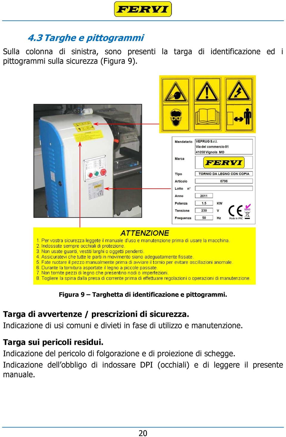 Indicazione di usi comuni e divieti in fase di utilizzo e manutenzione. Targa sui pericoli residui.