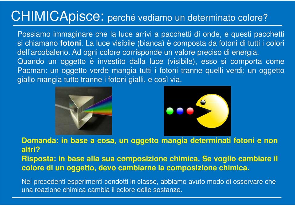 Quando un oggetto è investito dalla luce (visibile), esso si comporta come Pacman: un oggetto verde mangia tutti i fotoni tranne quelli verdi; un oggetto giallo mangia tutto tranne i fotoni gialli, e