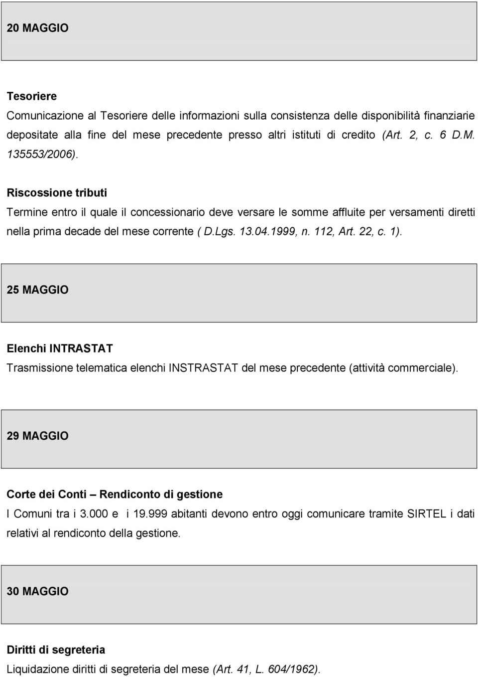 1999, n. 112, Art. 22, c. 1). 25 MAGGIO Elenchi INTRASTAT Trasmissione telematica elenchi INSTRASTAT del mese precedente (attività commerciale).