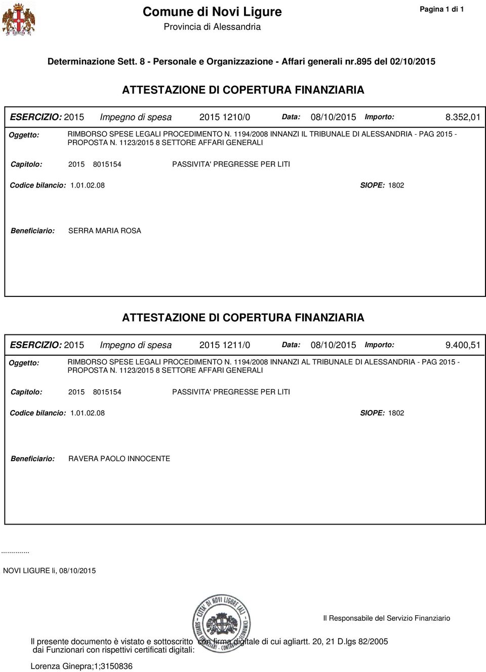 1194/2008 INNANZI IL TRIBUNALE DI ALESSANDRIA - PAG 2015 - PROPOSTA N. 1123/2015 8 SETTORE AFFARI GENERALI Capitolo: 2015 8015154 PASSIVITA' PREGRESSE PER LITI Codice bilancio: 1.01.02.