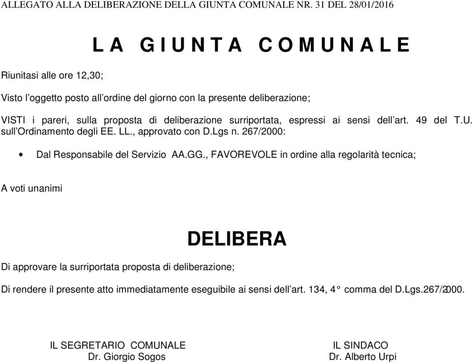 proposta di deliberazione surriportata, espressi ai sensi dell art. 49 del T.U. sull Ordinamento degli EE. LL., approvato con D.Lgs n. 267/2000: Dal Responsabile del Servizio AA.