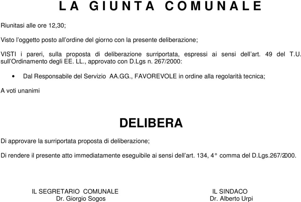 267/2000: Dal Responsabile del Servizio AA.GG.