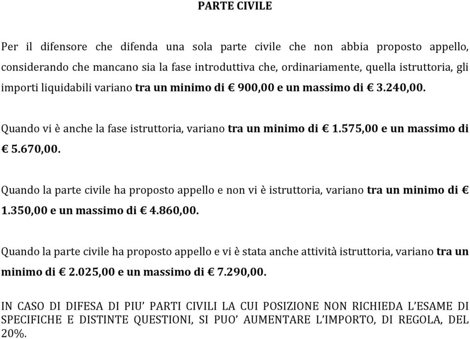 Quando la parte civile ha proposto appello e non vi è istruttoria, variano tra un minimo di 1.350,00 e un massimo di 4.860,00.