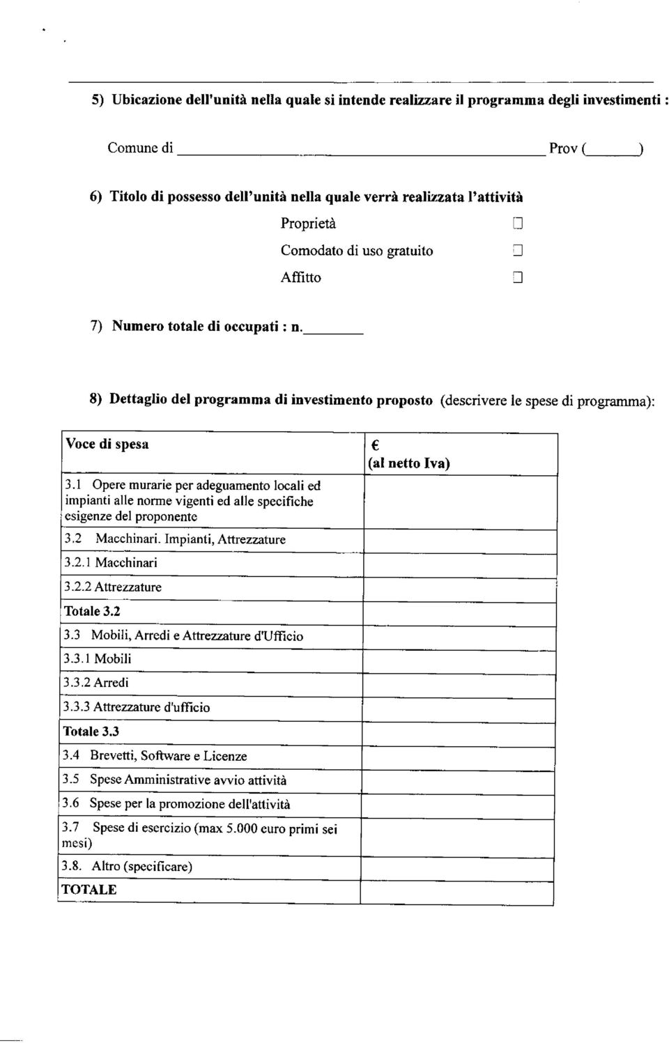 1 Opere murarie per adeguamento locali ed impianti alle norme vigenti ed alle specifiche esigenze del proponente 3.2 Macchinari. Impianti. Attrezzature 3.2.1 Macchinari 3.2.2 Altrezzature Totale 3,2 3.