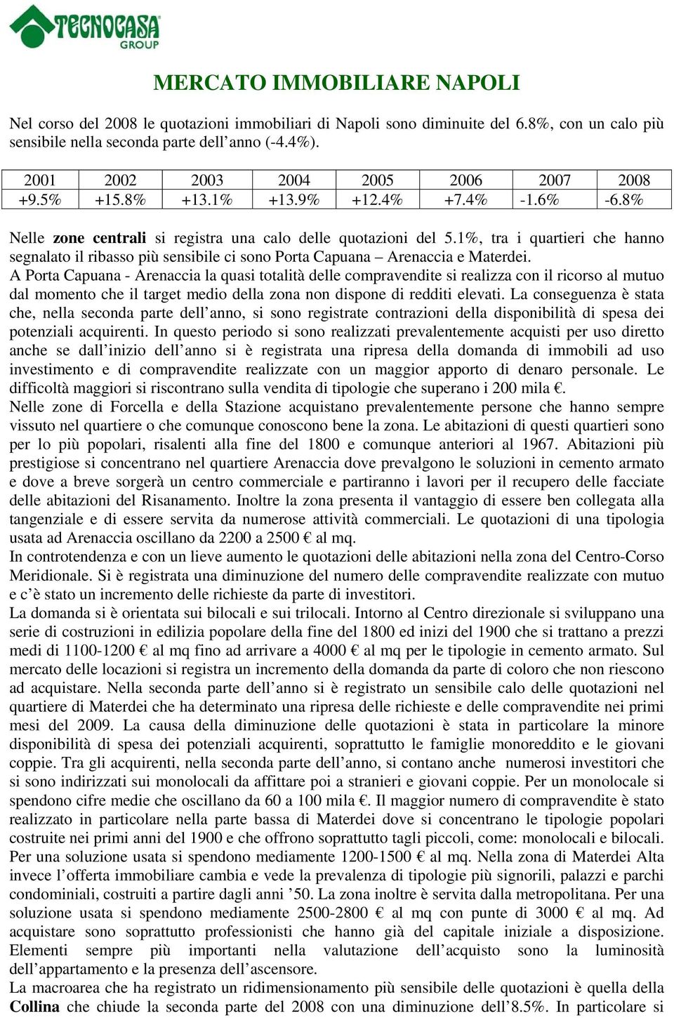 1%, tra i quartieri che hanno segnalato il ribasso più sensibile ci sono Porta Capuana Arenaccia e Materdei.