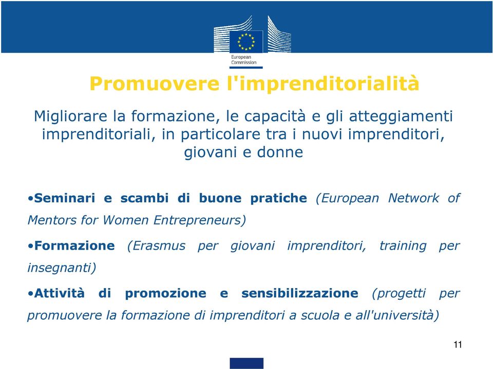Mentors for Women Entrepreneurs) Formazione (Erasmus per giovani imprenditori, training per insegnanti) Attività