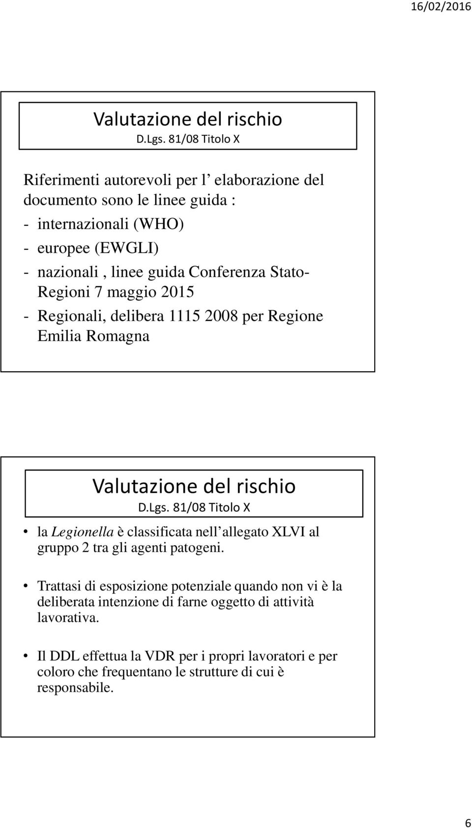 Conferenza Stato- Regioni 7 maggio 2015 - Regionali, delibera 1115 2008 per Regione Emilia Romagna  81/08 Titolo X la Legionella è classificata nell allegato XLVI