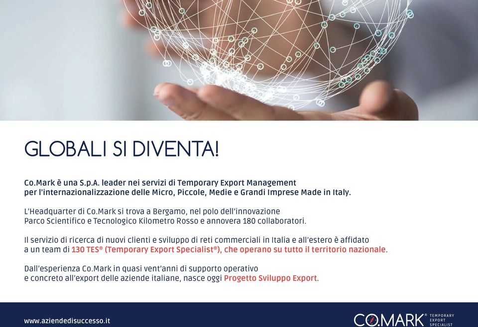 Il servizio di ricerca di nuovi clienti e sviluppo di reti commerciali in Italia e all estero è affidato a un team di 130 TES (Temporary Export Specialist ), che operano