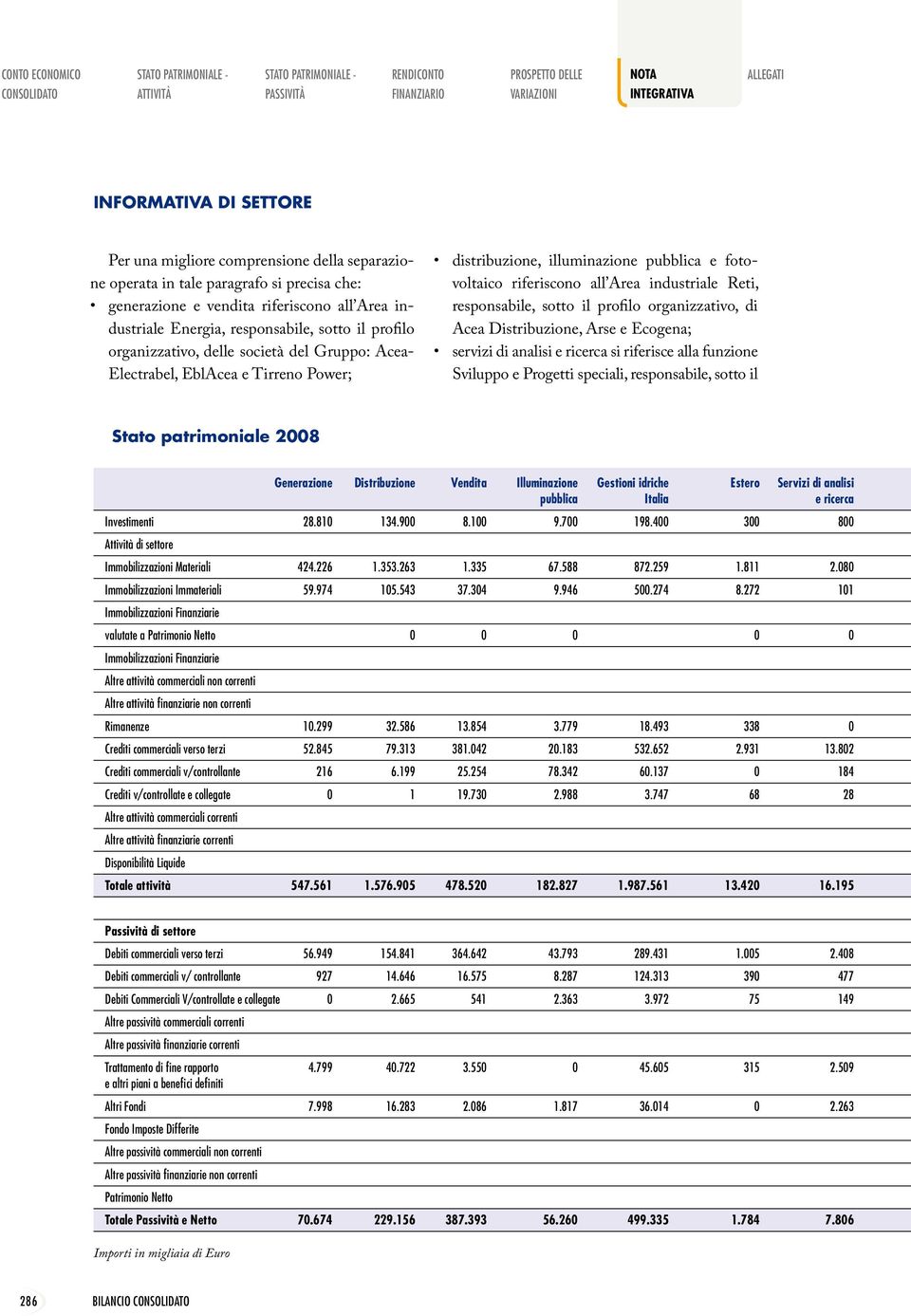 EblAcea e Tirreno Power; distribuzione, illuminazione pubblica e fotovoltaico riferiscono all Area industriale Reti, responsabile, sotto il profilo organizzativo, di Acea Distribuzione, Arse e