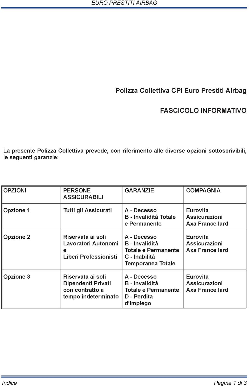 ai soli A - Decesso Eurovita Lavoratori Autonomi B - Invalidità Assicurazioni e Totale e Permanente Axa France Iard Liberi Professionisti C - Inabilità Temporanea Totale Opzione 3