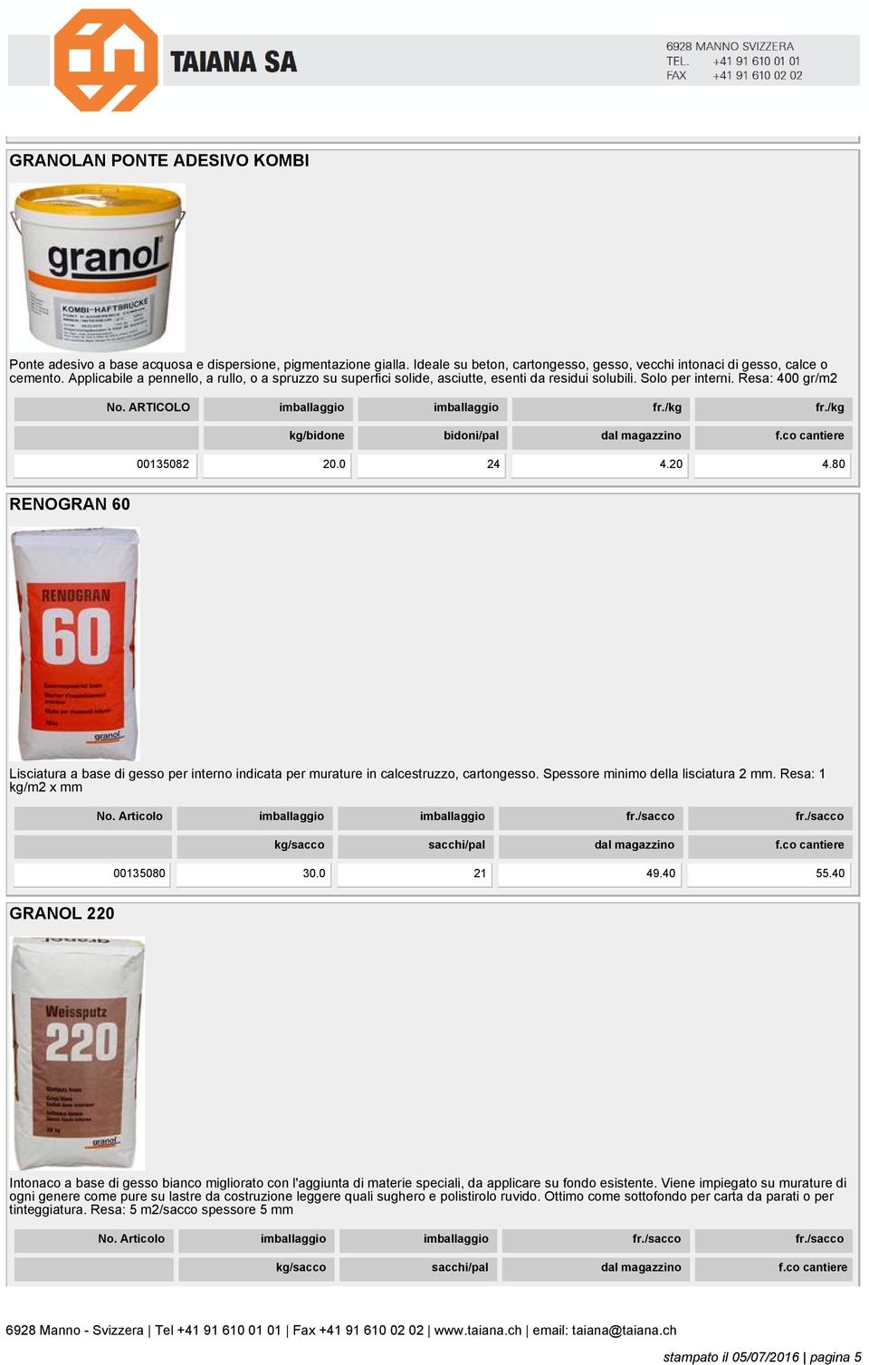 /kg kg/bidone bidoni/pal dal magazzino f.co cantiere 00135082 20.0 24 4.20 4.80 RENOGRAN 60 Lisciatura a base di gesso per interno indicata per murature in calcestruzzo, cartongesso.