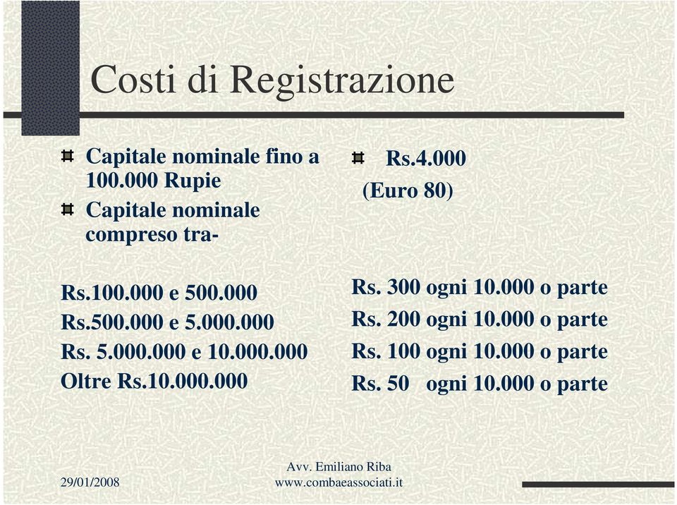 000.000 Oltre Rs.10.000.000 Rs.4.000 (Euro 80) Rs. 300 ogni 10.000 o parte Rs.