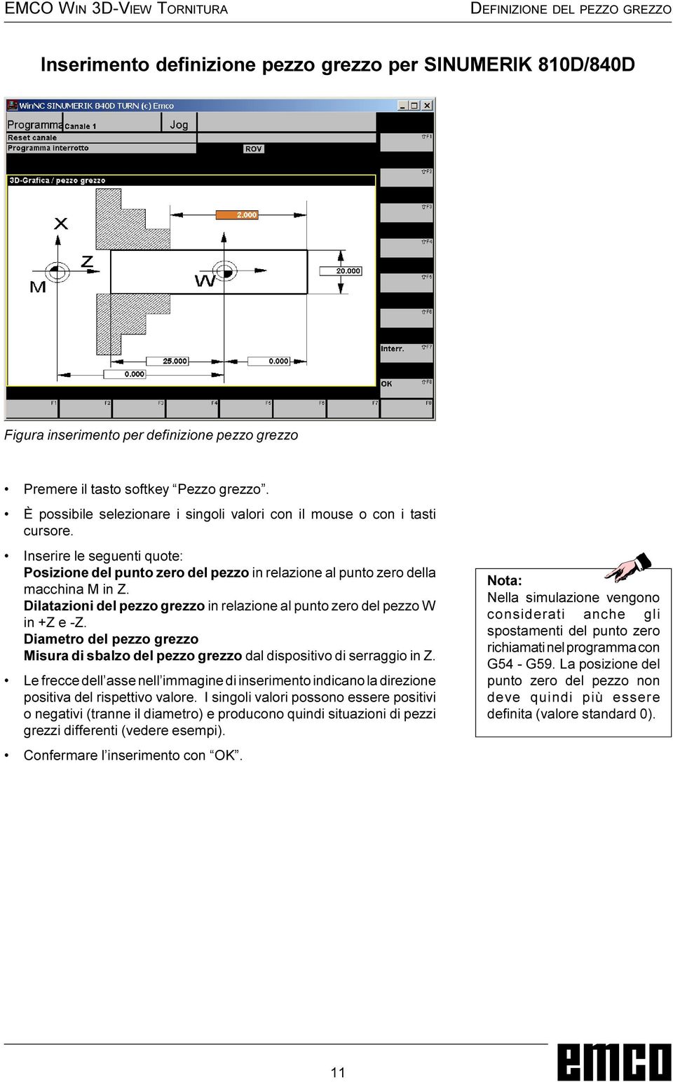 Dilatazioni del pezzo grezzo in relazione al punto zero del pezzo W in +Z e -Z. Diametro del pezzo grezzo Misura di sbalzo del pezzo grezzo dal dispositivo di serraggio in Z.