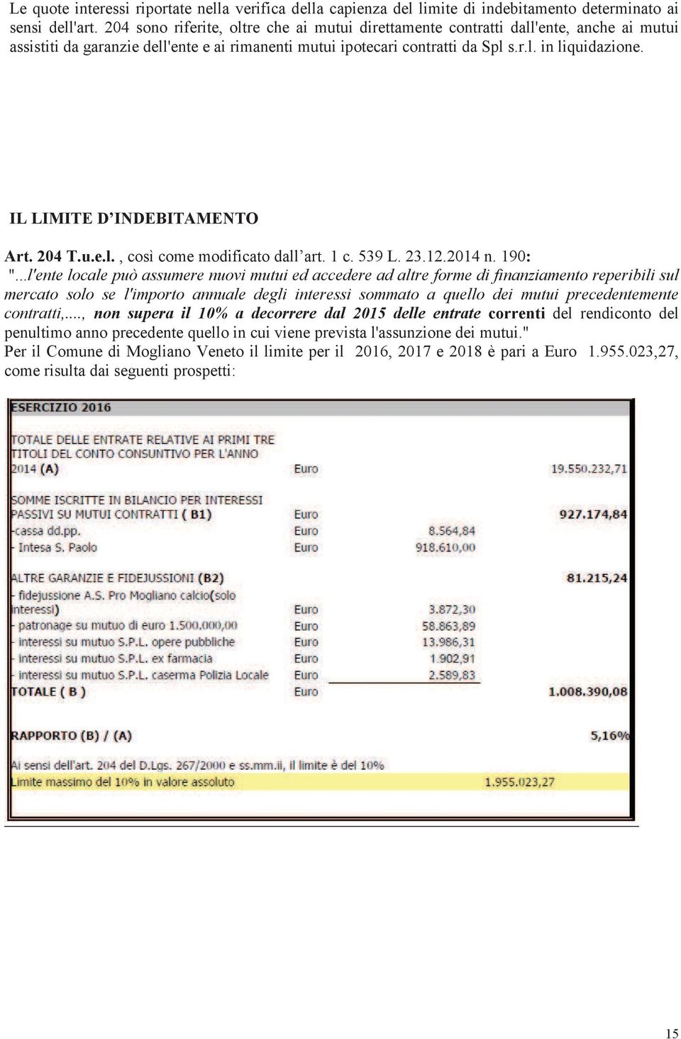 IL LIMITE D INDEBITAMENTO Art. 204 T.u.e.l., così come modificato dall art. 1 c. 539 L. 23.12.2014 n. 190: ".