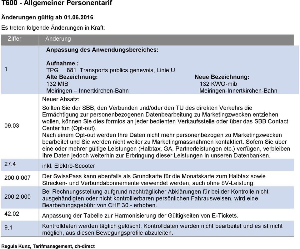 Meiringen-Innertkirchen-Bahn Neuer Absatz: Sollten Sie der SBB, den Verbunden und/oder den TU des direkten Verkehrs die Ermächtigung zur personenbezogenen Datenbearbeitung zu Marketingzwecken