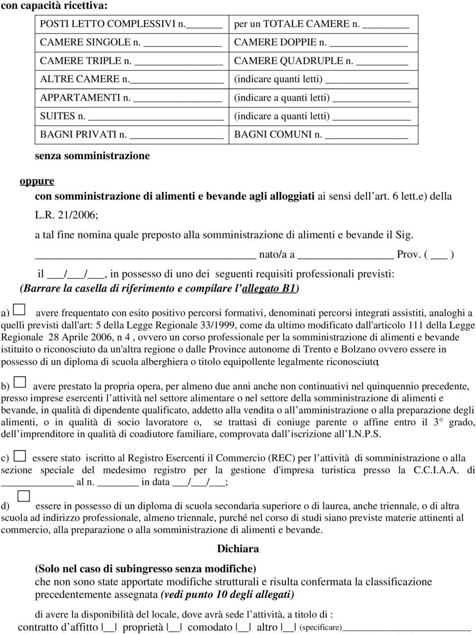 senza somministrazione oppure con somministrazione di alimenti e bevande agli alloggiati ai sensi dell art. 6 lett.e) della L.R.