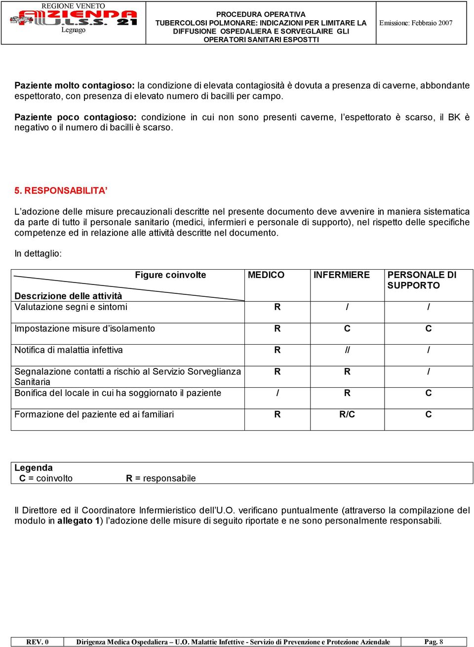 RESPONSABILITA L adozione delle misure precauzionali descritte nel presente documento deve avvenire in maniera sistematica da parte di tutto il personale sanitario (medici, infermieri e personale di