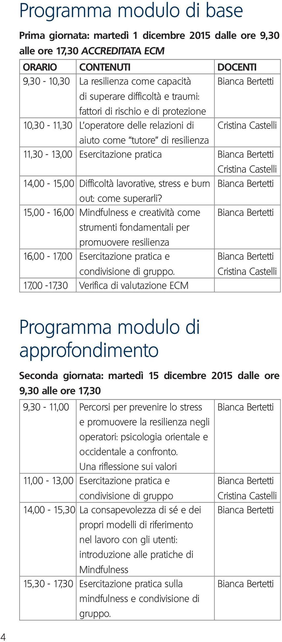 Bertetti Cristina Castelli 14,00-15,00 Difficoltà lavorative, stress e burn Bianca Bertetti out: come superarli?