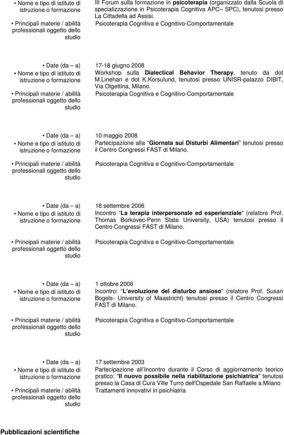 Date (da a) 10 maggio 2008 Partecipazione alla Giornata sui Disturbi Alimentari tenutosi presso il Centro Congressi FAST di Milano.
