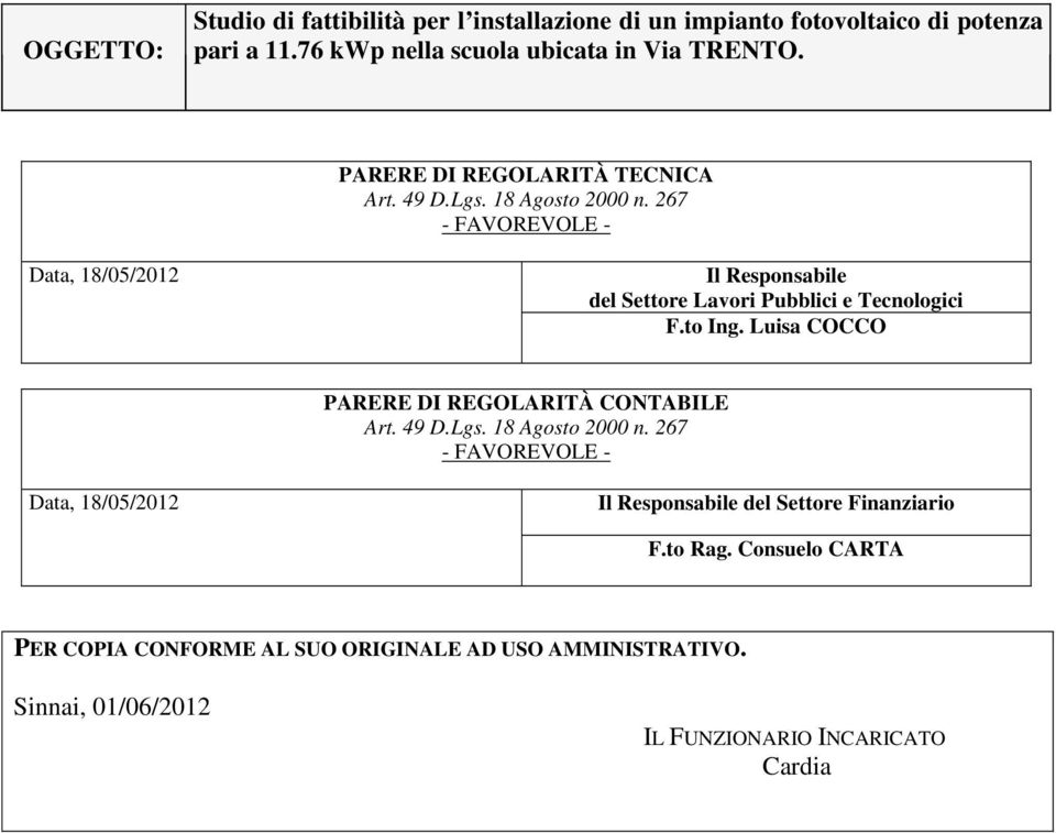 267 - FAVOREVOLE - Data, 18/05/2012 Il Responsabile del Settore Lavori Pubblici e Tecnologici F.to Ing.