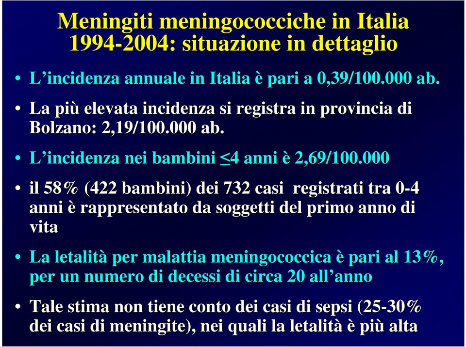 000 il 58% (4 bambini) dei 73 casi registrati tra 0-40 anni è rappresentato da soggetti del primo anno di vita La letalità per malattia