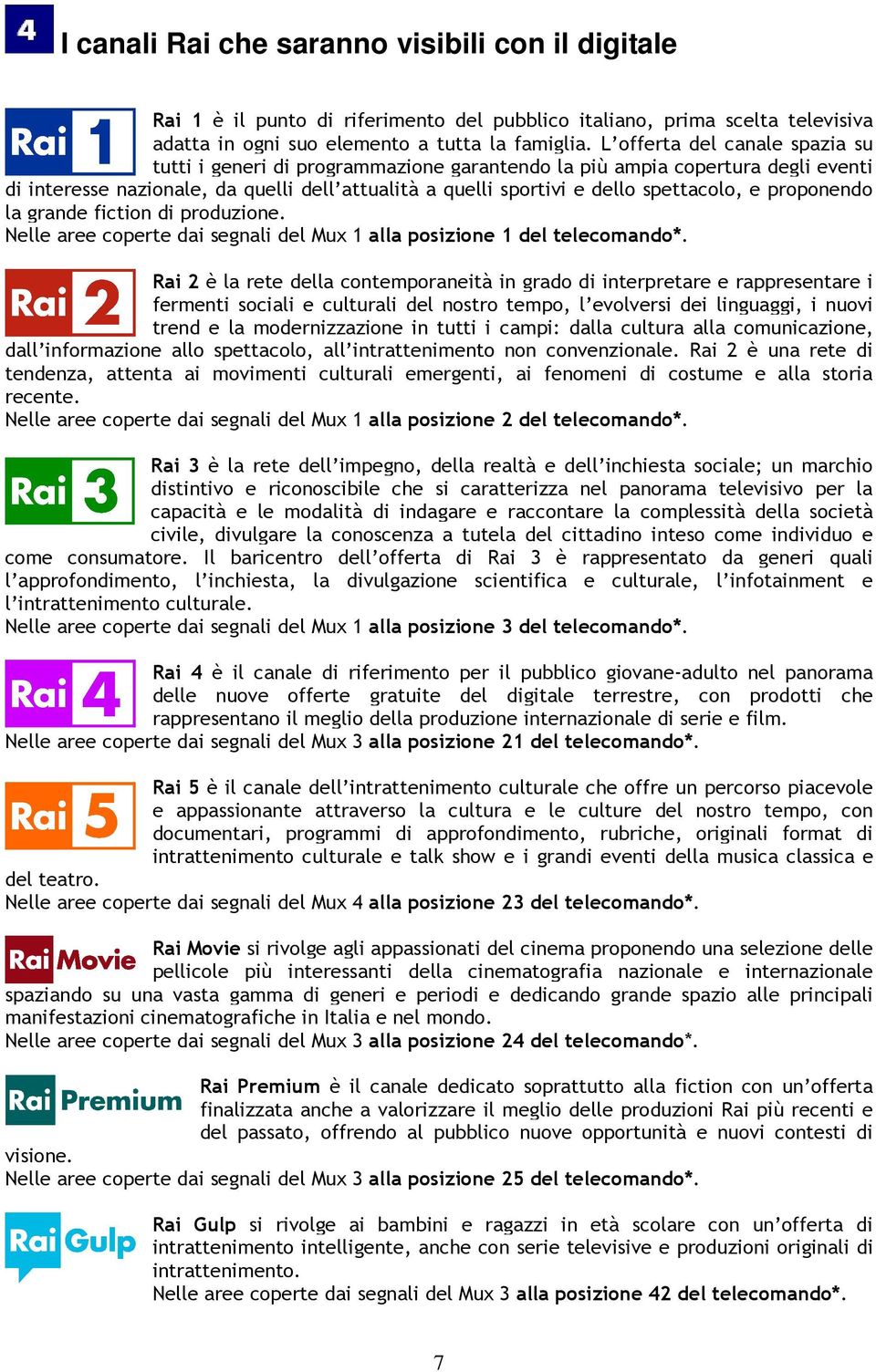 proponendo la grande fiction di produzione. Nelle aree coperte dai segnali del Mux 1 alla posizione 1 del telecomando*.