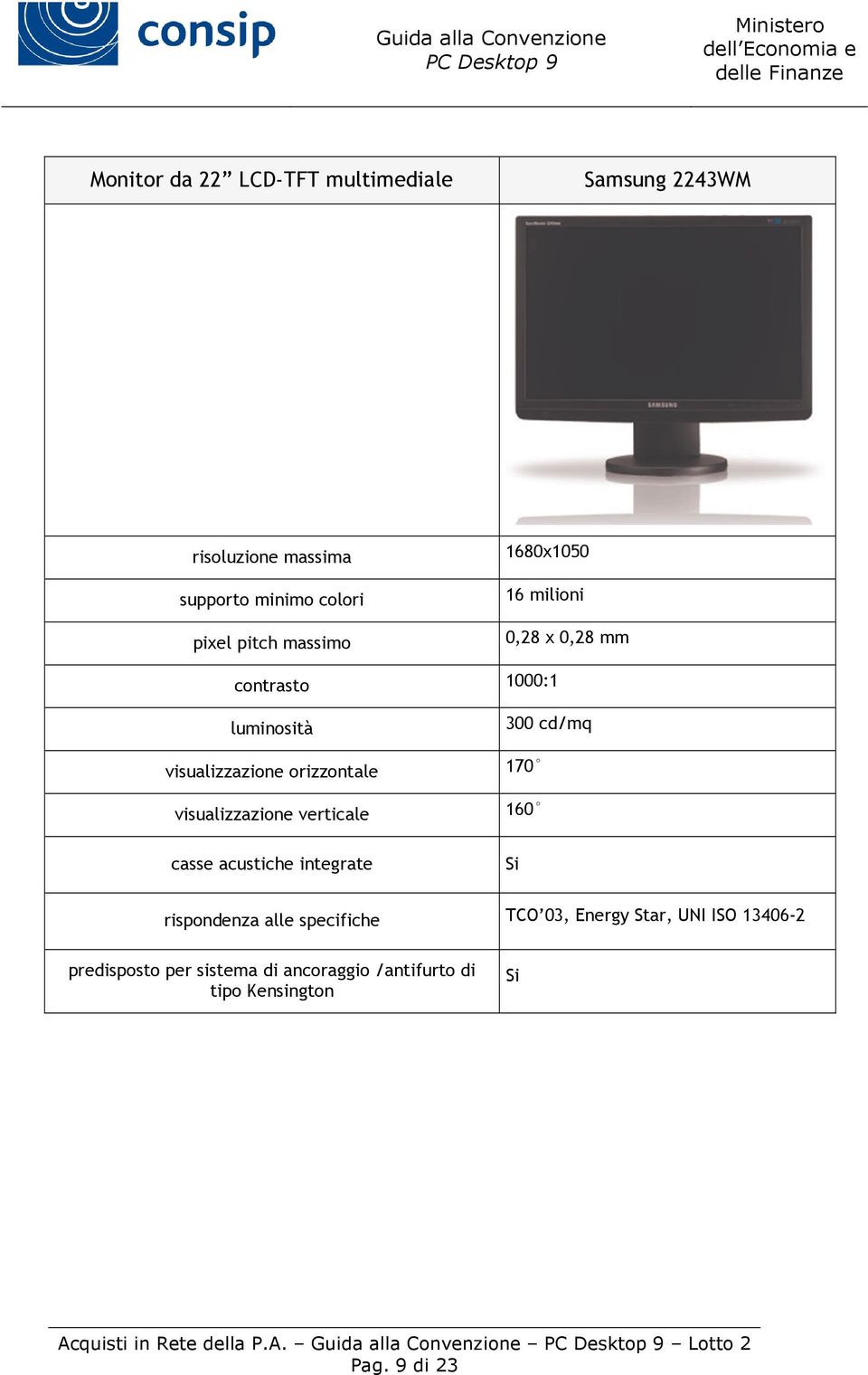 orizzontale 170 visualizzazione verticale 160 casse acustiche integrate rispondenza alle specifiche TCO