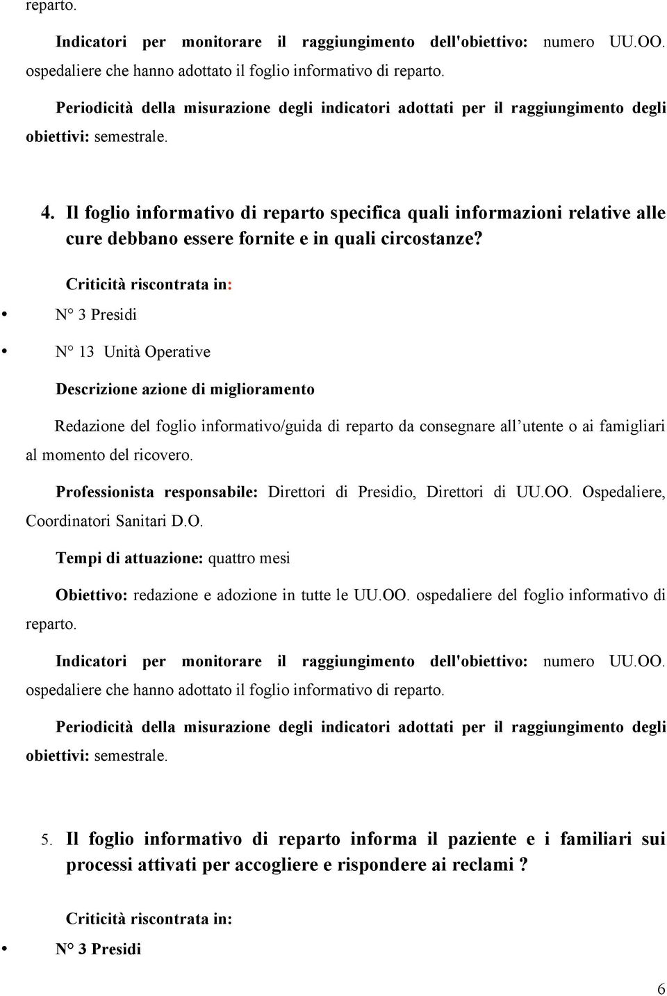 N 3 Presidi N 13 Unità Operative Descrizione azione di miglioramento Redazione del foglio informativo/guida di reparto da consegnare all utente o ai famigliari al momento del ricovero.