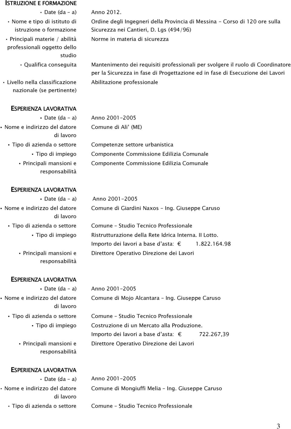 Progettazione ed in fase di Esecuzione dei Lavori Livello nella classificazione Abilitazione professionale Nome e indirizzo del datore Comune di Ali (ME) Tipo di azienda o settore Competenze settore