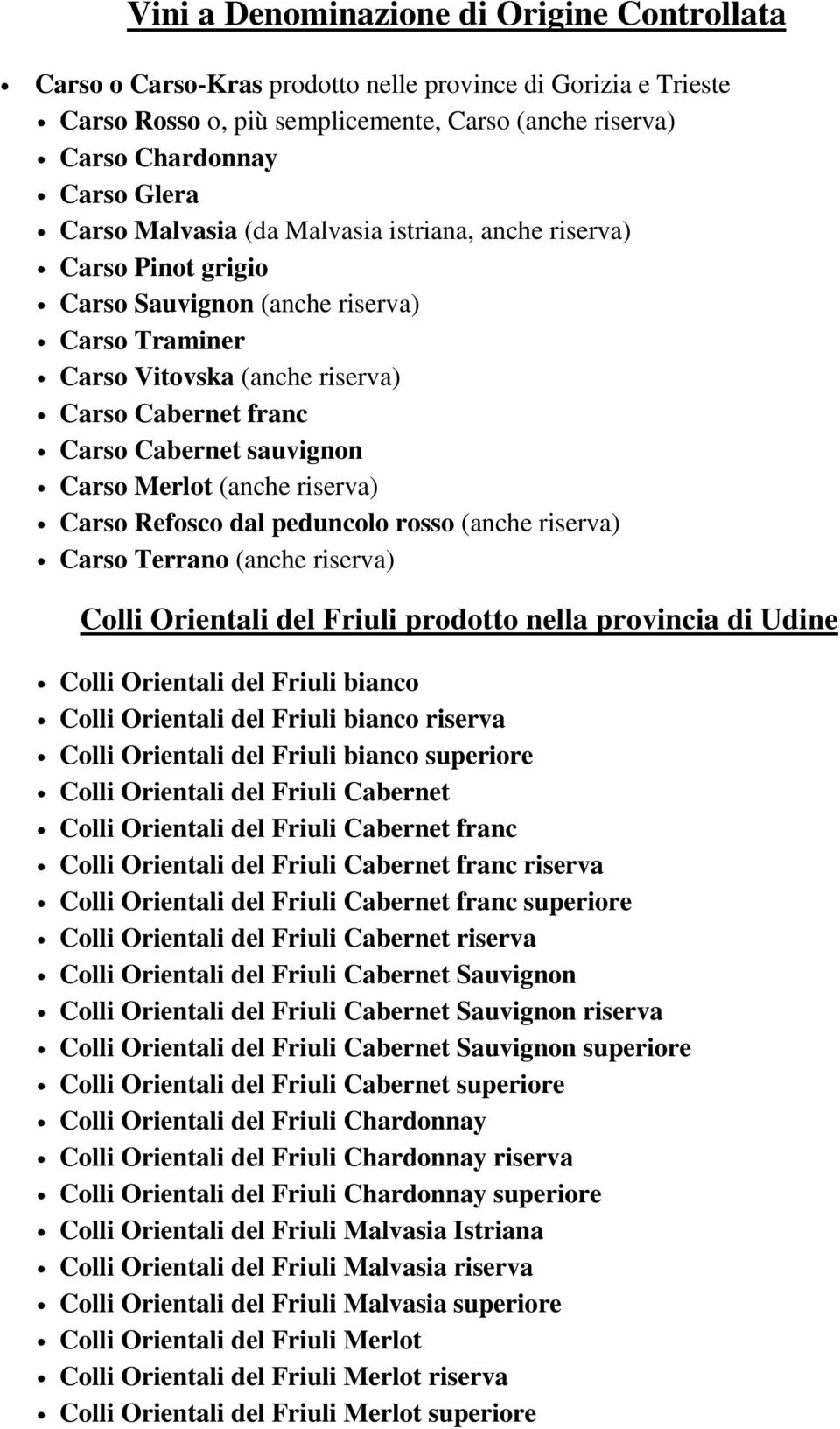 Merlot (anche riserva) Carso Refosco dal peduncolo rosso (anche riserva) Carso Terrano (anche riserva) Colli Orientali del Friuli prodotto nella provincia di Udine Colli Orientali del Friuli bianco