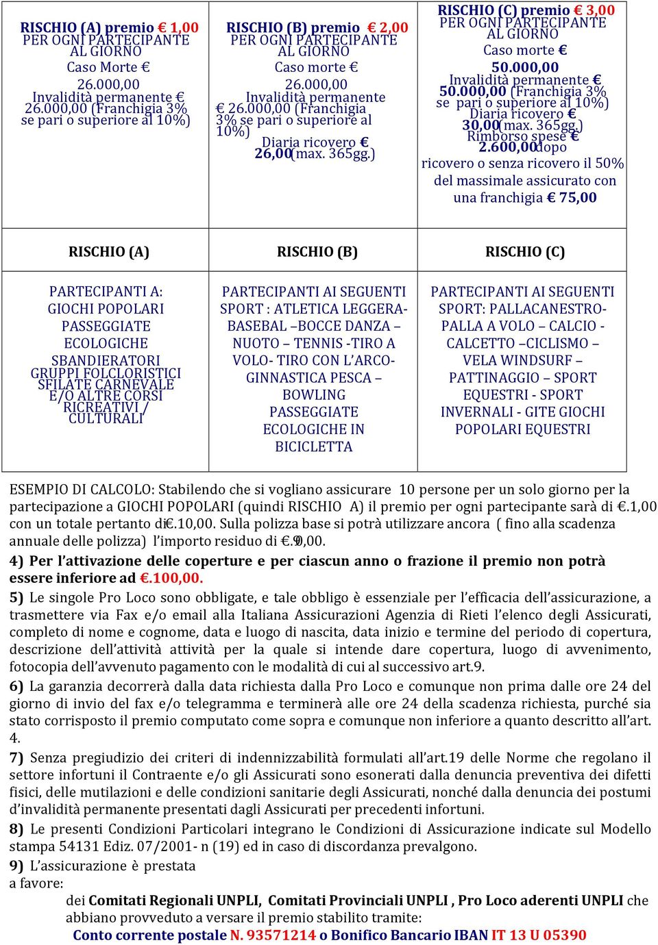 000,00 (Franchigia 3% se pari o superiore al 10%) Diaria ricovero 26,00(max. 365gg.) RISCHIO (C) premio 3,00 PER OGNI PARTECIPANTE AL GIORNO Caso morte 50.000,00 Invalidità permanente 50.